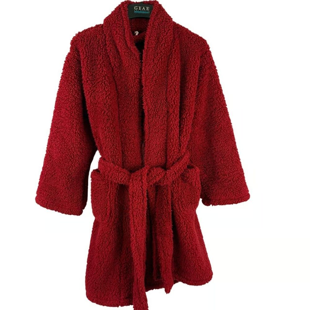 NWT POTTERY BARN Teddy Bear Red Fleece Robe Size Small Pockets, Shawl collar